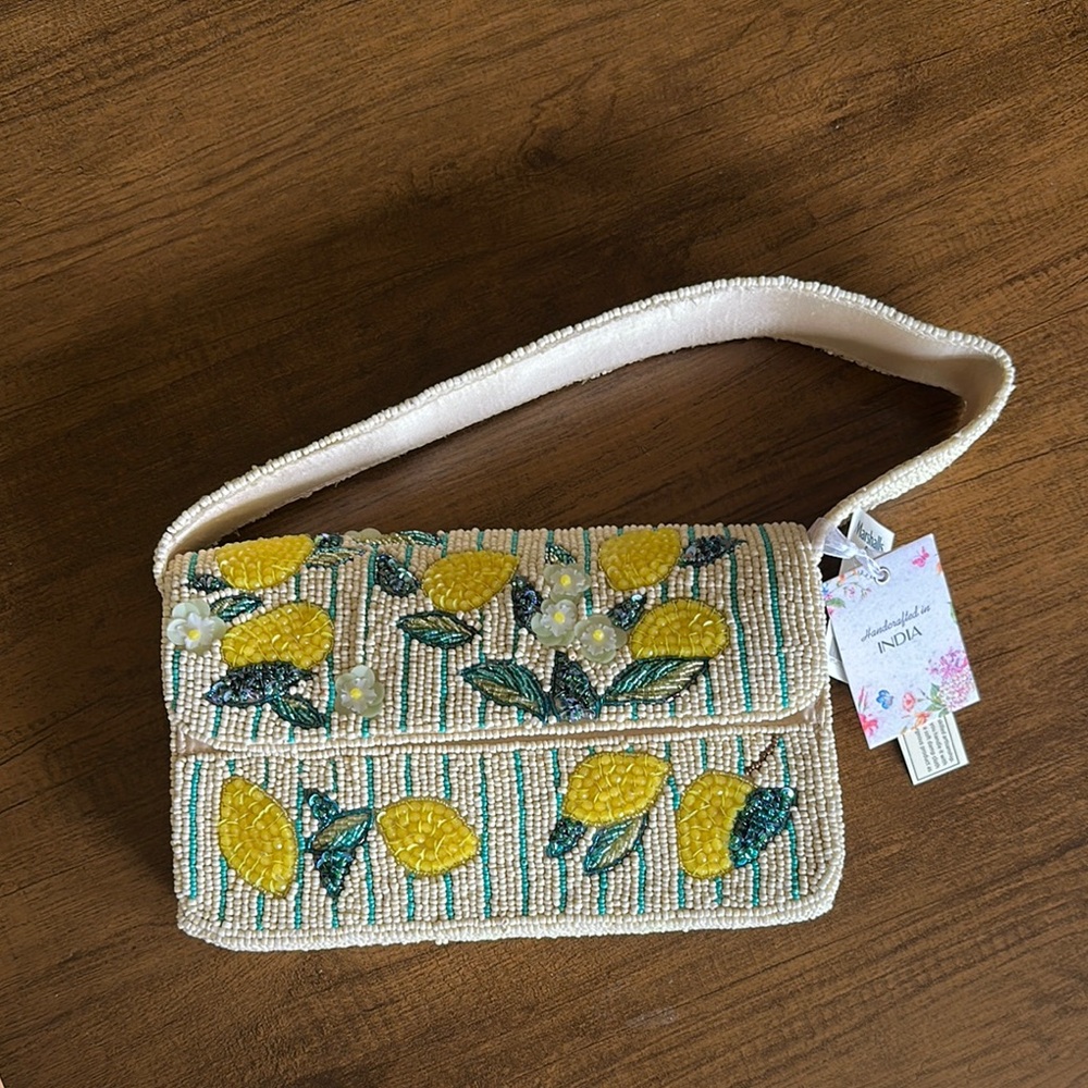 Viral Beaded Lemon Design Bag - Yellow and Cream